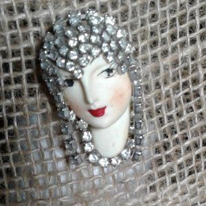 Vintage  Rhinestone Lady  Porcelain Face  Brooch